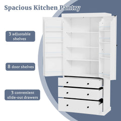 Bellemave® 77" Freestanding Tall Cupboard Storage Cabinet with 3 Adjustable Shelves, 8 Door Shelves, 3 Drawers - Bellemave