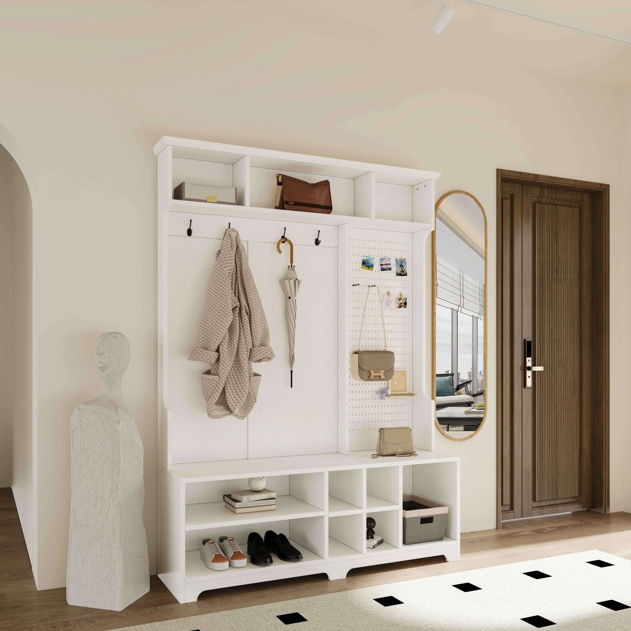 Bellemave® 77.17" Hall Tree with Shoe Bench, Coat Rack ,Shoe Storage ,Storage Shelves and Pegboard - Bellemave