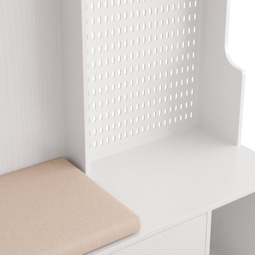 Bellemave® 77.17" Multi - purpose Hallway Hall Tree with Removable Linen Cushioned Entryway Bench, Storage Shelves, and DIY Pegboard - Bellemave