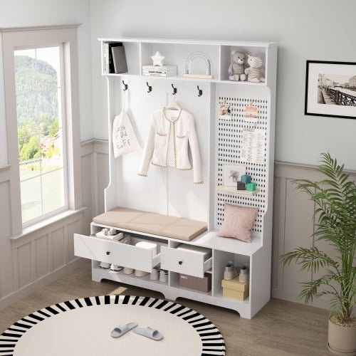 Bellemave® 77.17" Multi - purpose Hallway Hall Tree with Removable Linen Cushioned Entryway Bench, Storage Shelves, and DIY Pegboard - Bellemave