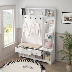 Bellemave® 77.17" Multi - purpose Hallway Hall Tree with Removable Linen Cushioned Entryway Bench, Storage Shelves, and DIY Pegboard - Bellemave