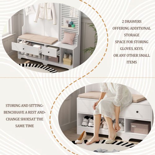 Bellemave® 77.17" Multi - purpose Hallway Hall Tree with Removable Linen Cushioned Entryway Bench, Storage Shelves, and DIY Pegboard - Bellemave