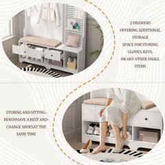 Bellemave® 77.17" Multi - purpose Hallway Hall Tree with Removable Linen Cushioned Entryway Bench, Storage Shelves, and DIY Pegboard - Bellemave