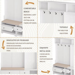 Bellemave® 77.17" Multi - purpose Hallway Hall Tree with Removable Linen Cushioned Entryway Bench, Storage Shelves, and DIY Pegboard - Bellemave