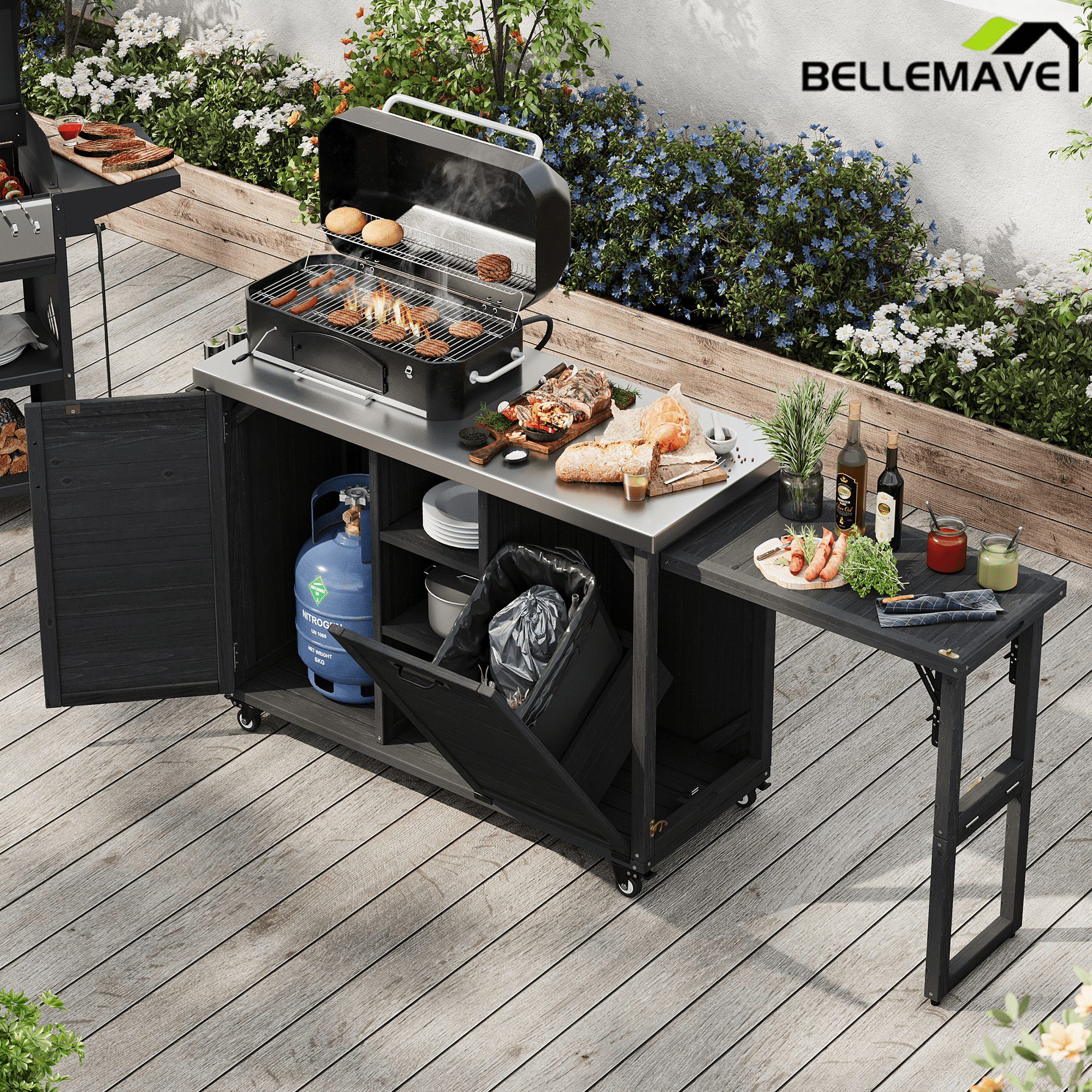 Bellemave® 78.3" Outdoor Kitchen Island with Foldable Grill Table, Solid Wood Grill Cart with Storage & Stainless Steel Top, Bar Cart for Lawn & Garden, Black - Bellemave
