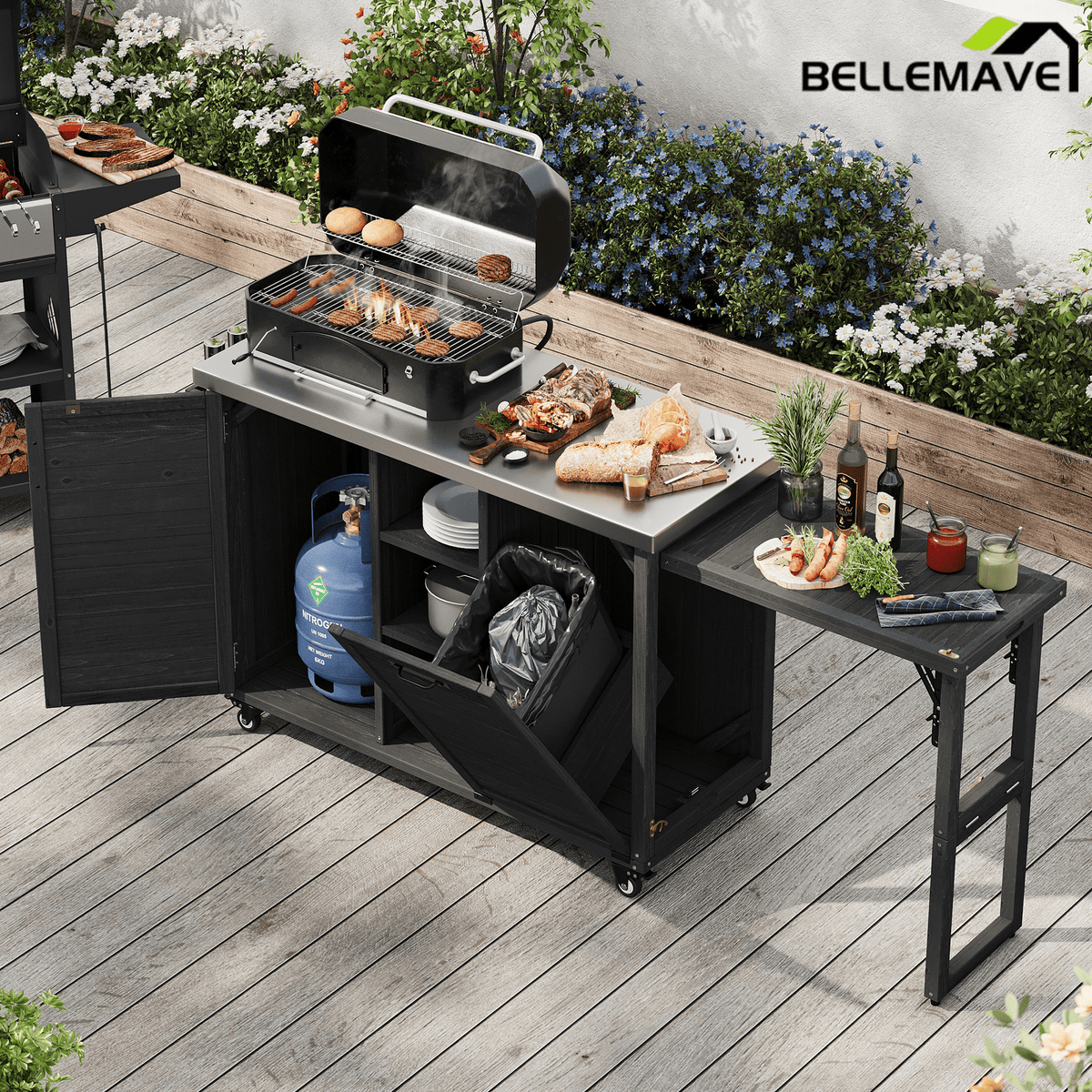 Bellemave® 78.3" Outdoor Kitchen Island with Foldable Grill Table, Solid Wood Grill Cart with Storage & Stainless Steel Top, Bar Cart for Lawn & Garden, Black - Bellemave