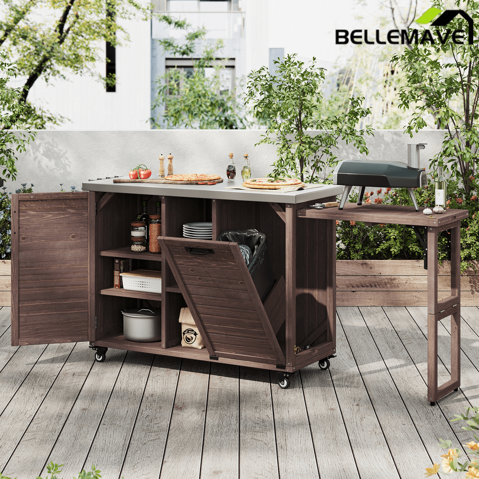 Bellemave® 78.3" Outdoor Kitchen Island with Foldable Grill Table, Solid Wood Grill Cart with Storage & Stainless Steel Top, Bar Cart for Lawn & Garden, Black - Bellemave