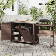 Bellemave® 78.3" Outdoor Kitchen Island with Foldable Grill Table, Solid Wood Grill Cart with Storage & Stainless Steel Top, Bar Cart for Lawn & Garden, Black - Bellemave