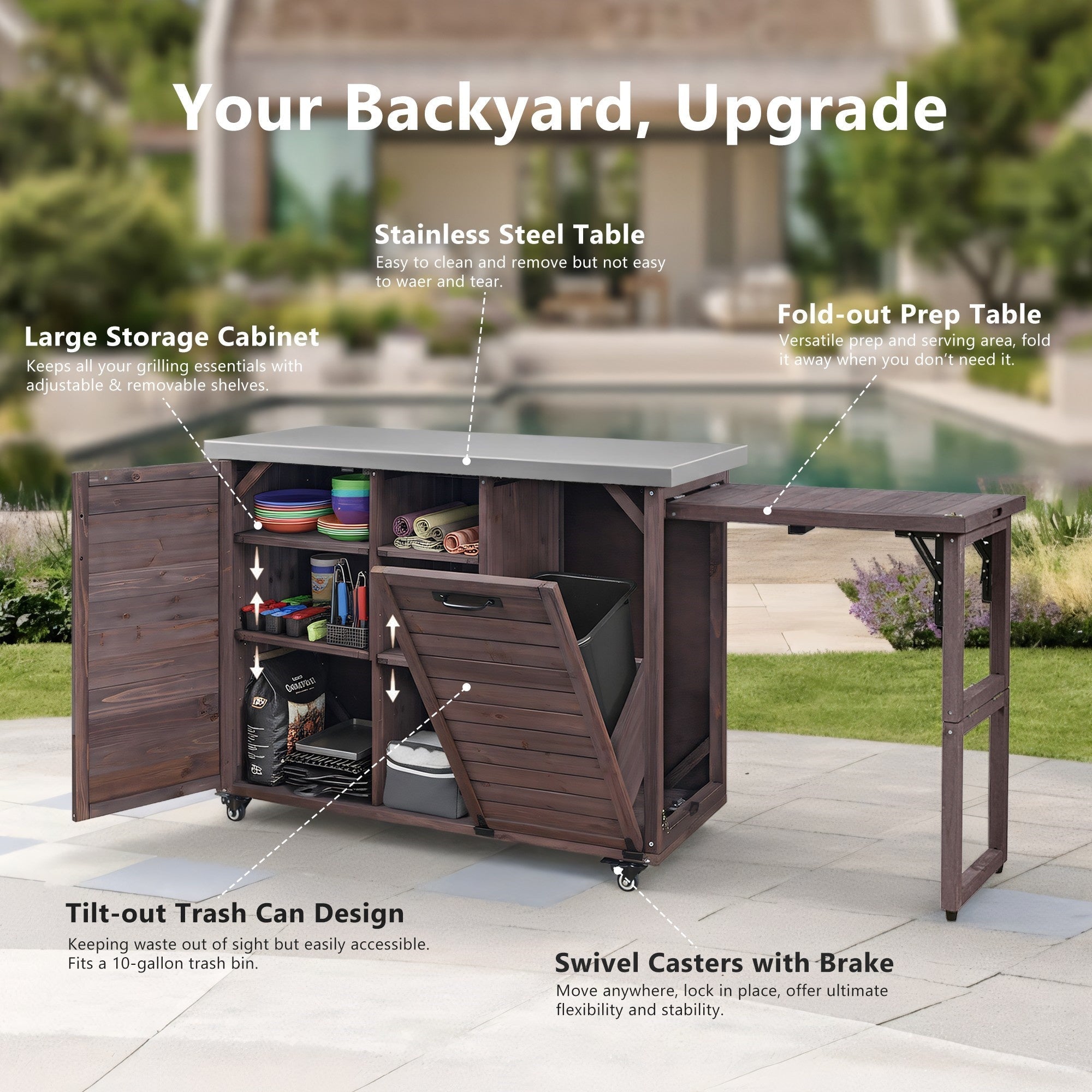 Bellemave® 78.3" Outdoor Kitchen Island with Foldable Grill Table, Solid Wood Grill Cart with Storage & Stainless Steel Top, Bar Cart for Lawn & Garden, Black - Bellemave