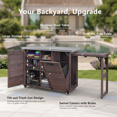 Bellemave® 78.3" Outdoor Kitchen Island with Foldable Grill Table, Solid Wood Grill Cart with Storage & Stainless Steel Top, Bar Cart for Lawn & Garden, Black - Bellemave
