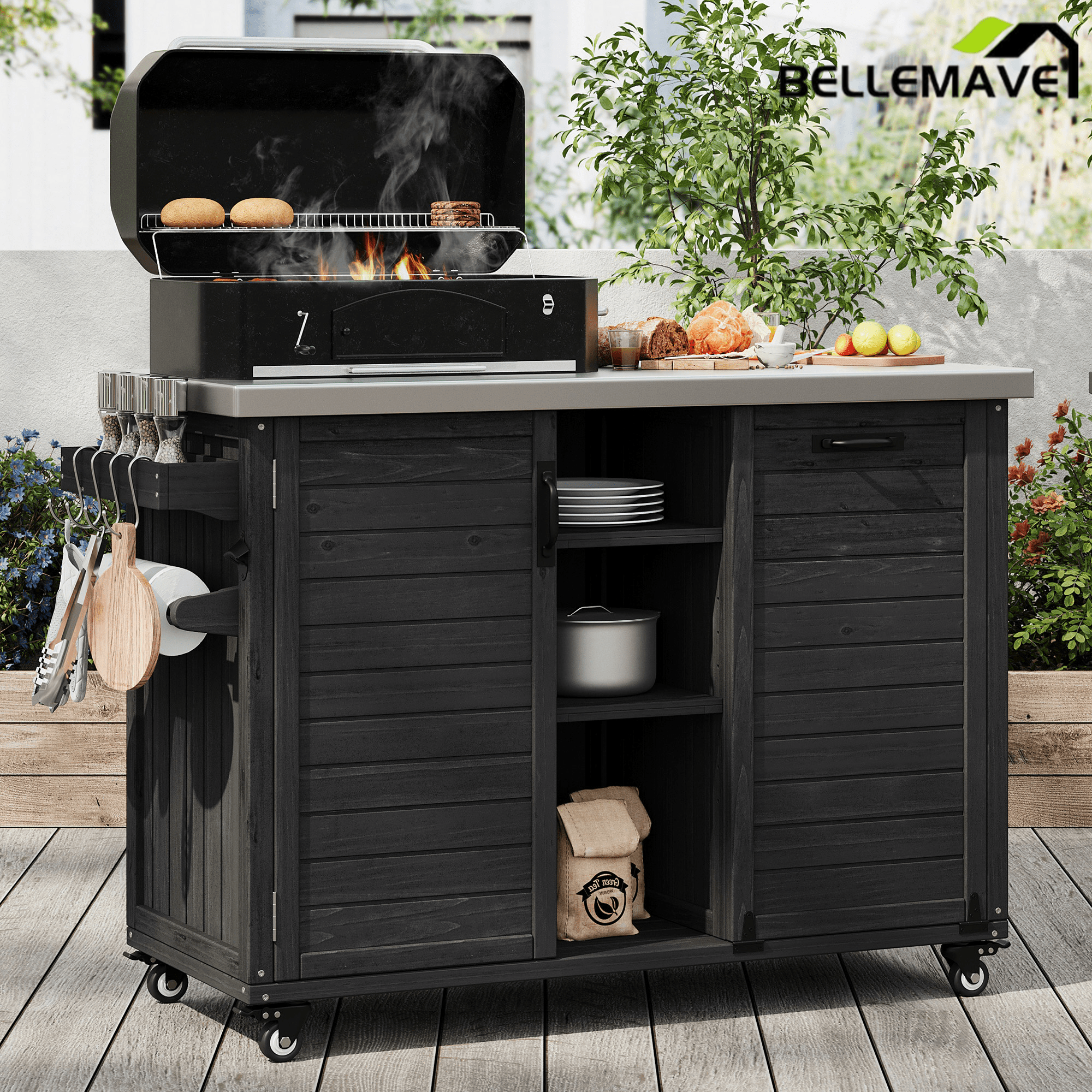 Bellemave® 78.3" Outdoor Kitchen Island with Foldable Grill Table, Solid Wood Grill Cart with Storage & Stainless Steel Top, Bar Cart for Lawn & Garden, Black - Bellemave