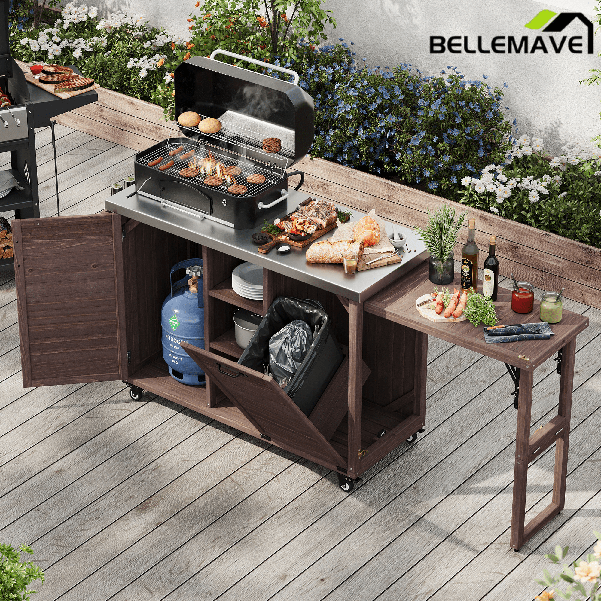 Bellemave® 78.3" Outdoor Kitchen Island with Foldable Grill Table, Solid Wood Grill Cart with Storage & Stainless Steel Top, Bar Cart for Lawn & Garden, Black - Bellemave