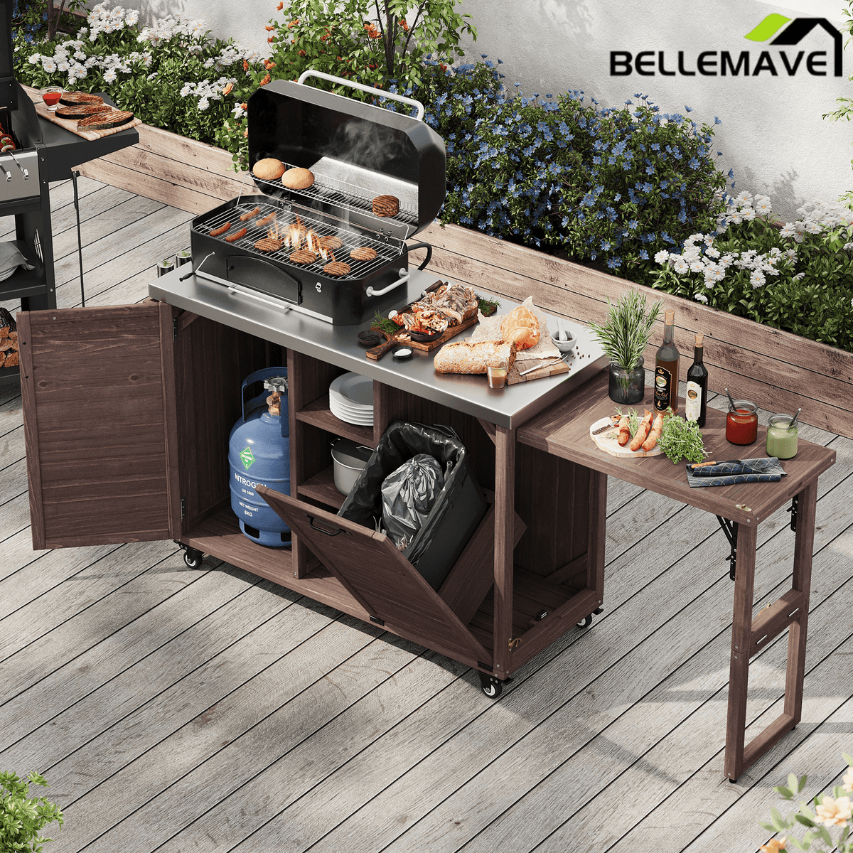 Bellemave® 78.3" Outdoor Kitchen Island with Foldable Grill Table, Solid Wood Grill Cart with Storage & Stainless Steel Top, Bar Cart for Lawn & Garden, Black - Bellemave