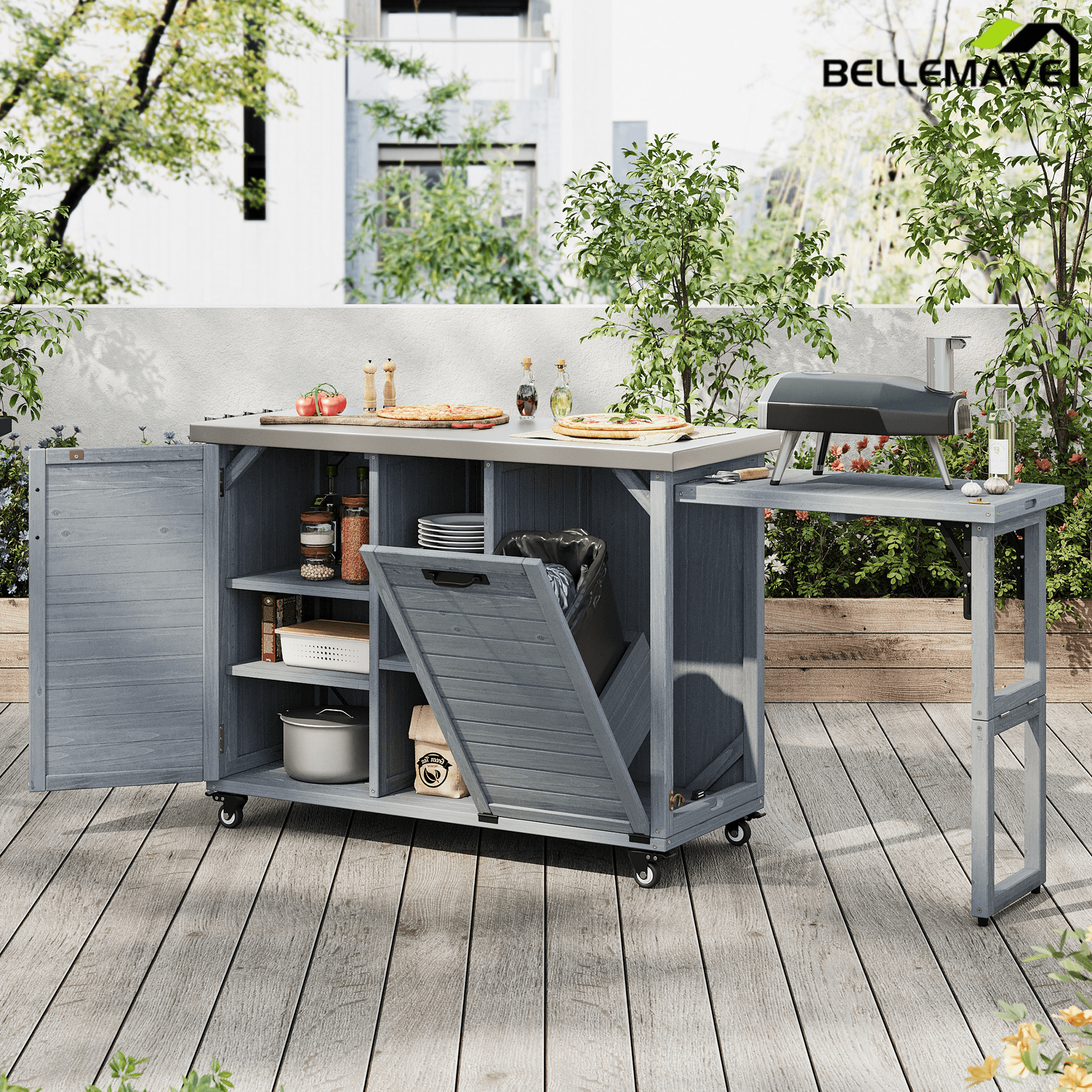 Bellemave® 78.3" Outdoor Kitchen Island with Foldable Grill Table, Solid Wood Grill Cart with Storage & Stainless Steel Top, Bar Cart for Lawn & Garden, Black - Bellemave