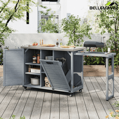 Bellemave® 78.3" Outdoor Kitchen Island with Foldable Grill Table, Solid Wood Grill Cart with Storage & Stainless Steel Top, Bar Cart for Lawn & Garden, Black - Bellemave