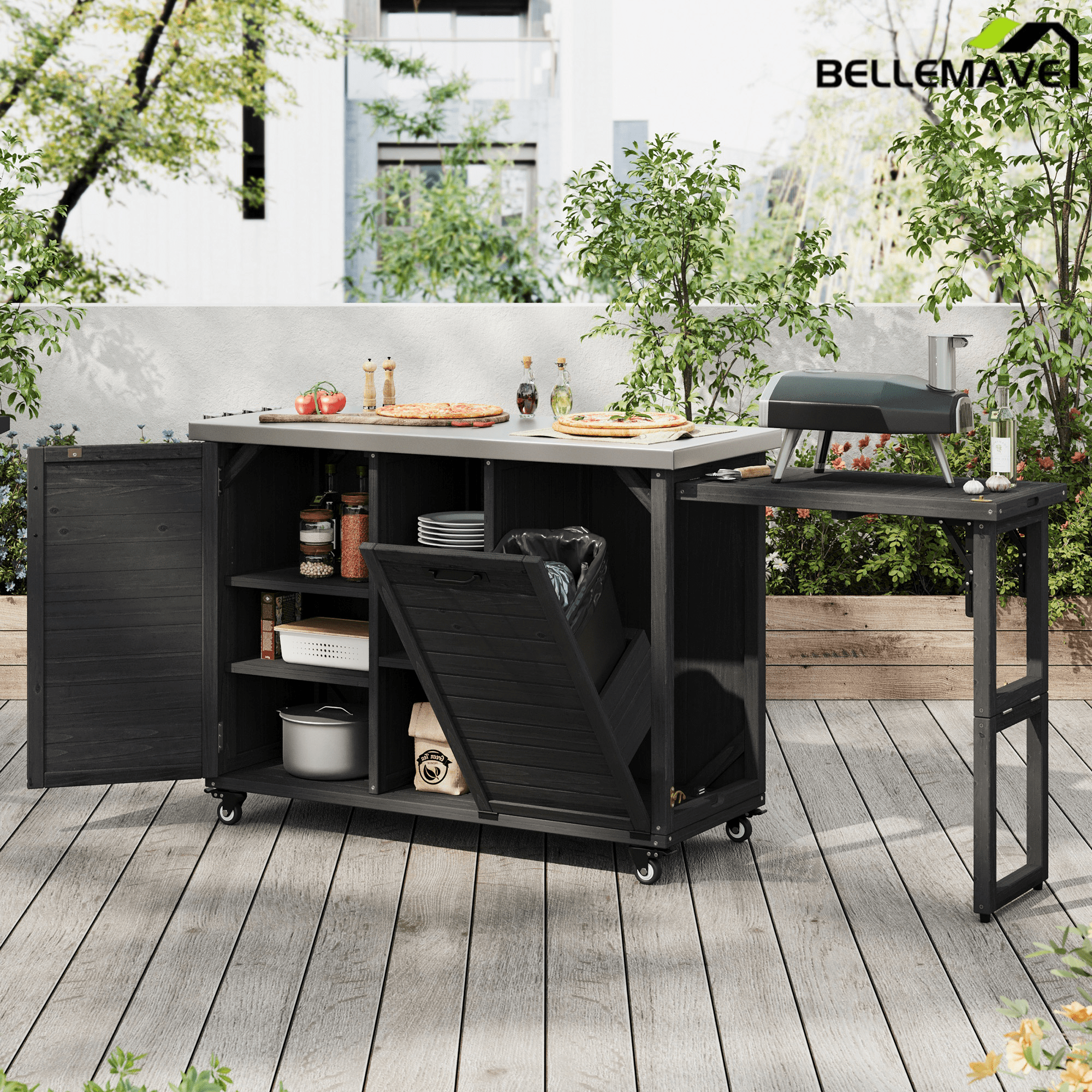 Bellemave® 78.3" Outdoor Kitchen Island with Foldable Grill Table, Solid Wood Grill Cart with Storage & Stainless Steel Top, Bar Cart for Lawn & Garden, Black - Bellemave
