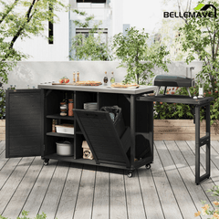 Bellemave® 78.3" Outdoor Kitchen Island with Foldable Grill Table, Solid Wood Grill Cart with Storage & Stainless Steel Top, Bar Cart for Lawn & Garden, Black - Bellemave
