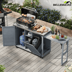 Bellemave® 78.3" Outdoor Kitchen Island with Foldable Grill Table, Solid Wood Grill Cart with Storage & Stainless Steel Top, Bar Cart for Lawn & Garden, Black - Bellemave