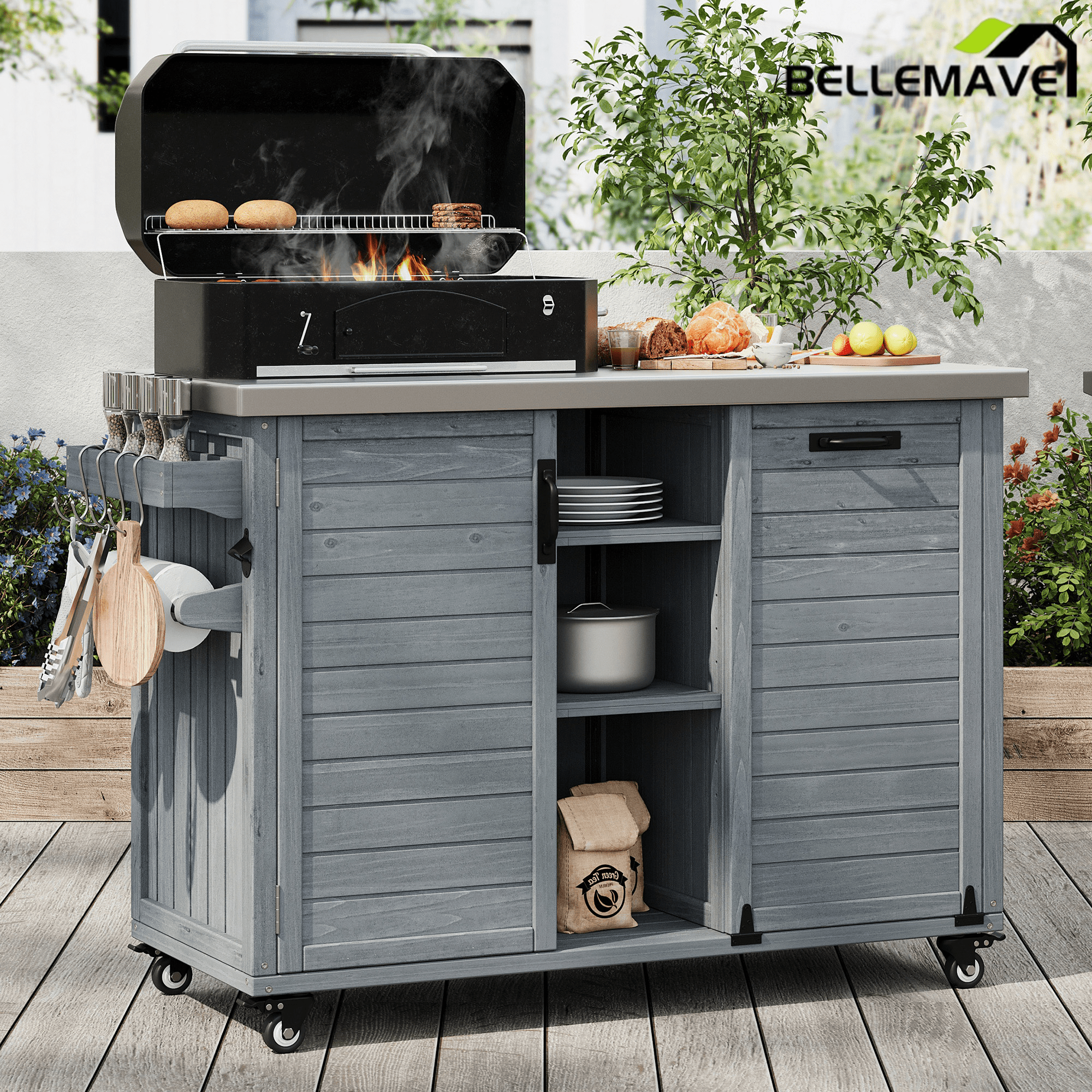 Bellemave® 78.3" Outdoor Kitchen Island with Foldable Grill Table, Solid Wood Grill Cart with Storage & Stainless Steel Top, Bar Cart for Lawn & Garden, Black - Bellemave