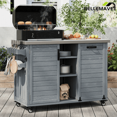 Bellemave® 78.3" Outdoor Kitchen Island with Foldable Grill Table, Solid Wood Grill Cart with Storage & Stainless Steel Top, Bar Cart for Lawn & Garden, Black - Bellemave