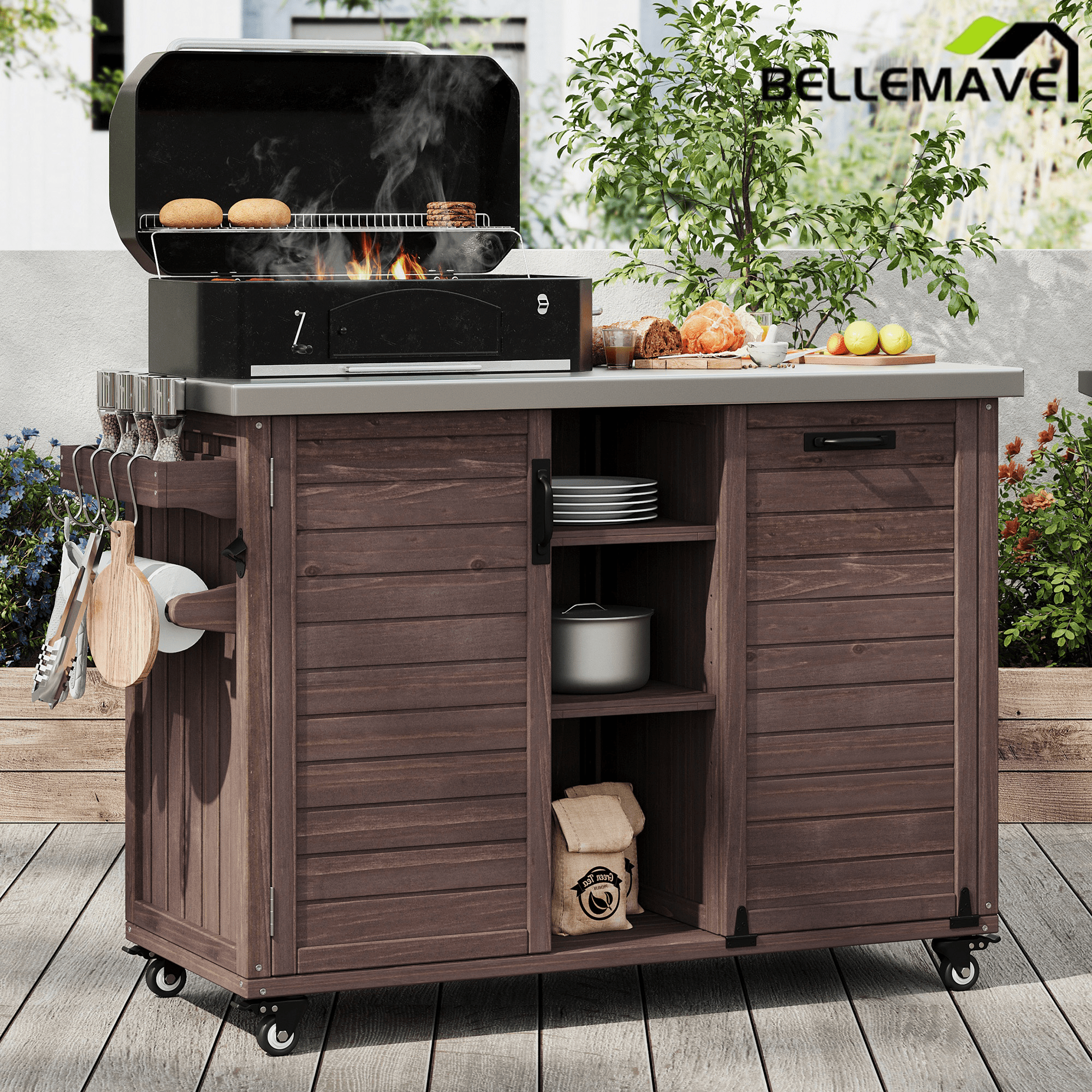 Bellemave® 78.3" Outdoor Kitchen Island with Foldable Grill Table, Solid Wood Grill Cart with Storage & Stainless Steel Top, Bar Cart for Lawn & Garden, Black - Bellemave