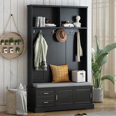 Bellemave® 78.7" Versatile Hall Tree with Sliding Doors, 6 Silvery Hooks & Handles, Shoe Storage & 44.4"W Cushion - Bellemave