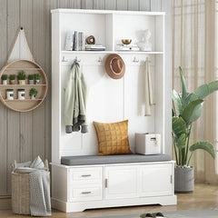 Bellemave® 78.7" Versatile Hall Tree with Sliding Doors, 6 Silvery Hooks & Handles, Shoe Storage & 44.4"W Cushion - Bellemave