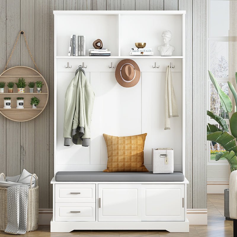 Bellemave® 78.7" Versatile Hall Tree with Sliding Doors, 6 Silvery Hooks & Handles, Shoe Storage & 44.4"W Cushion - Bellemave