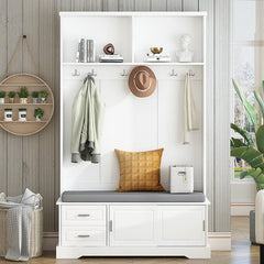 Bellemave® 78.7" Versatile Hall Tree with Sliding Doors, 6 Silvery Hooks & Handles, Shoe Storage & 44.4"W Cushion - Bellemave
