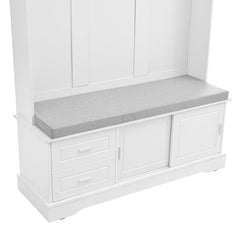 Bellemave® 78.7" Versatile Hall Tree with Sliding Doors, 6 Silvery Hooks & Handles, Shoe Storage & 44.4"W Cushion - Bellemave