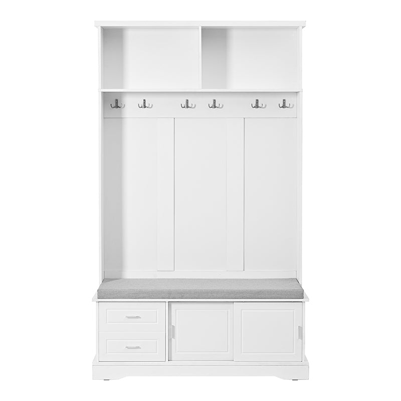 Bellemave® 78.7" Versatile Hall Tree with Sliding Doors, 6 Silvery Hooks & Handles, Shoe Storage & 44.4"W Cushion - Bellemave