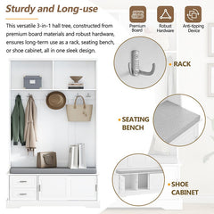 Bellemave® 78.7" Versatile Hall Tree with Sliding Doors, 6 Silvery Hooks & Handles, Shoe Storage & 44.4"W Cushion - Bellemave
