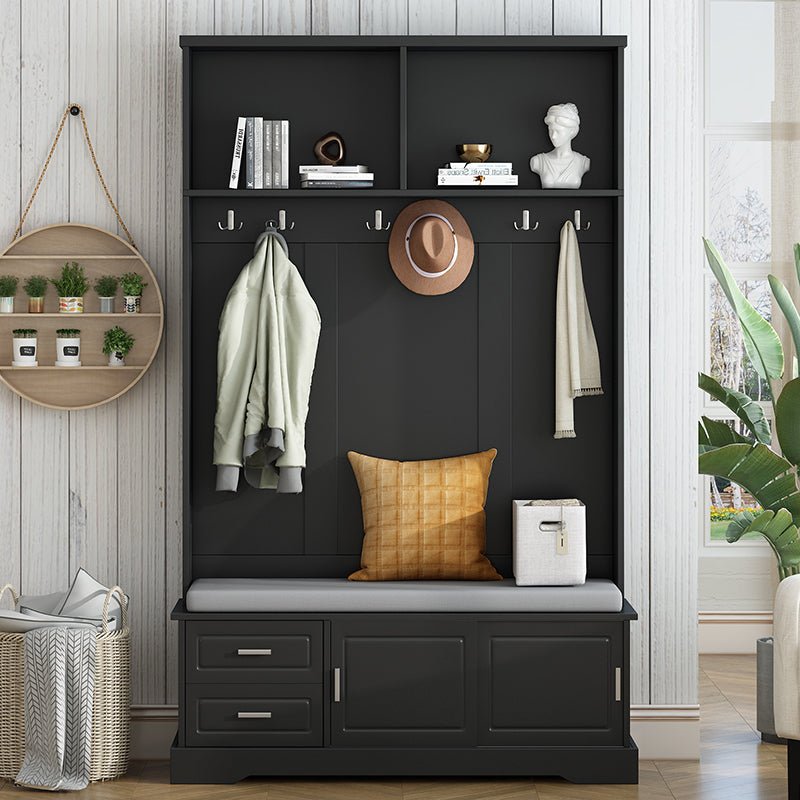 Bellemave® 78.7" Versatile Hall Tree with Sliding Doors, 6 Silvery Hooks & Handles, Shoe Storage & 44.4"W Cushion - Bellemave