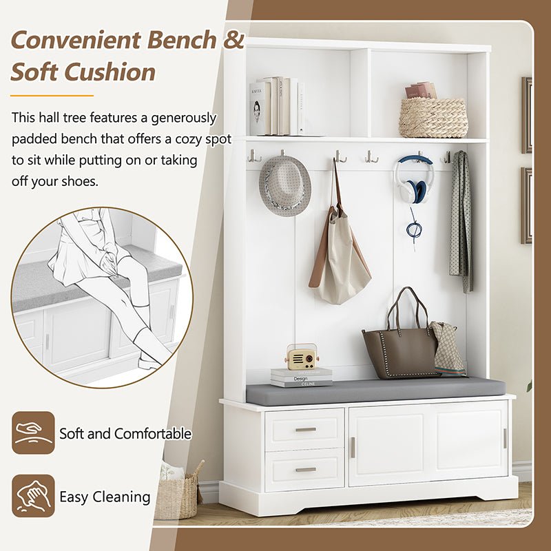 Bellemave® 78.7" Versatile Hall Tree with Sliding Doors, 6 Silvery Hooks & Handles, Shoe Storage & 44.4"W Cushion - Bellemave