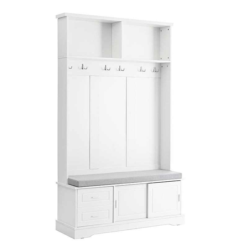 Bellemave® 78.7" Versatile Hall Tree with Sliding Doors, 6 Silvery Hooks & Handles, Shoe Storage & 44.4"W Cushion - Bellemave