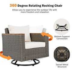 Bellemave® 8 - Piece Wicker Outdoor Patio Furniture Set with Thick Cushion, Swivel Rocking Chairs Set of 2 with Acacia Storage Table - Bellemave