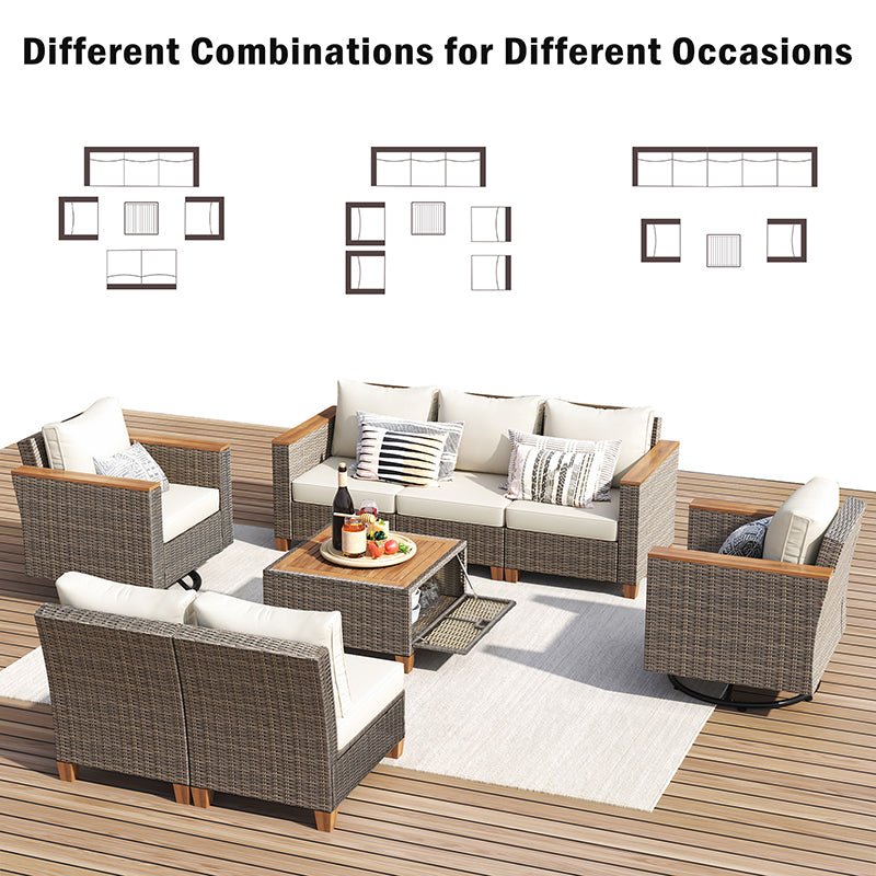 Bellemave® 8 - Piece Wicker Outdoor Patio Furniture Set with Thick Cushion, Swivel Rocking Chairs Set of 2 with Acacia Storage Table - Bellemave