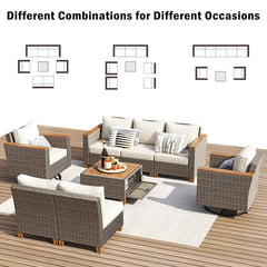 Bellemave® 8 - Piece Wicker Outdoor Patio Furniture Set with Thick Cushion, Swivel Rocking Chairs Set of 2 with Acacia Storage Table - Bellemave