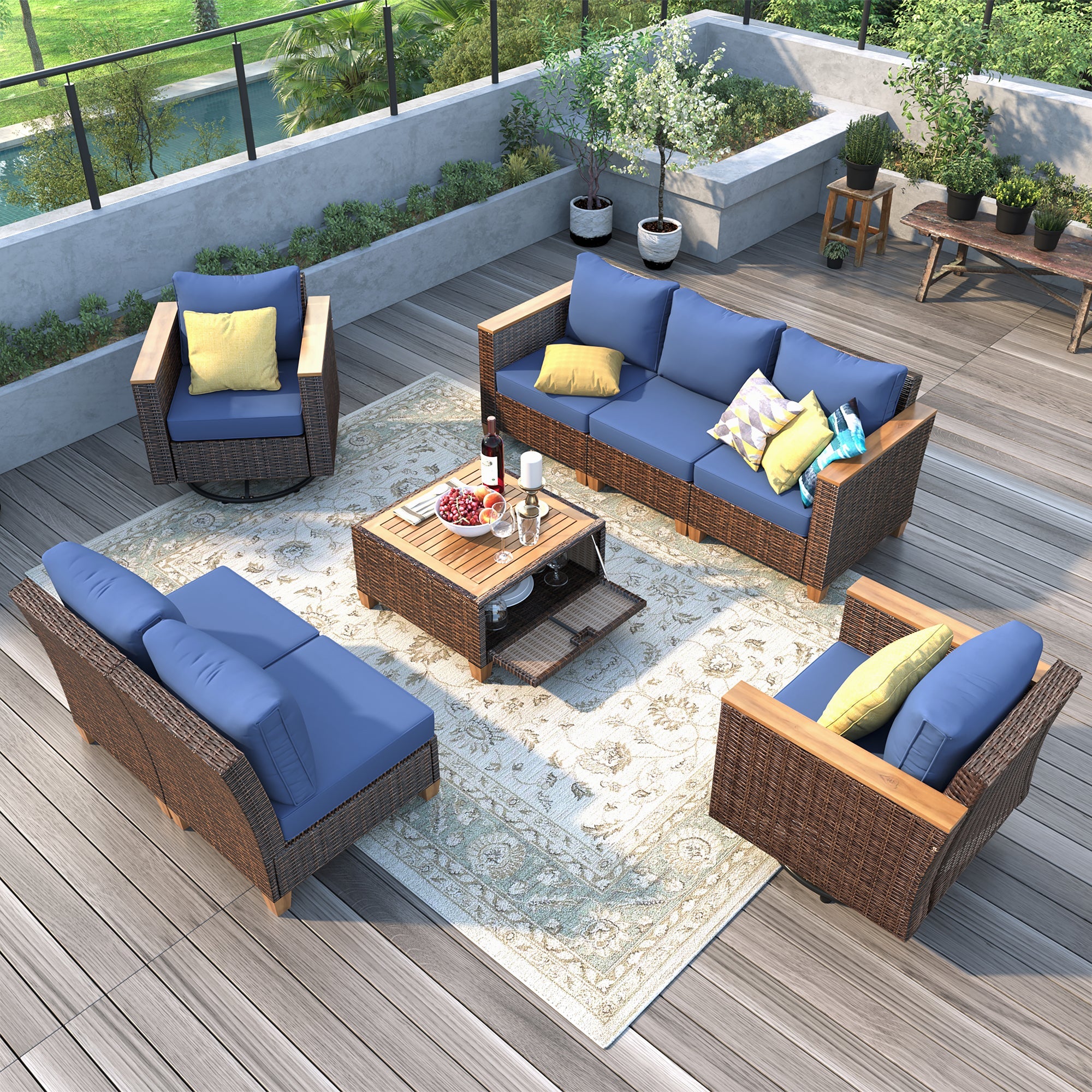 Bellemave® 8 - Piece Wicker Outdoor Patio Furniture Set with Thick Cushion, Swivel Rocking Chairs Set of 2 with Acacia Storage Table - Bellemave