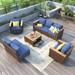Bellemave® 8 - Piece Wicker Outdoor Patio Furniture Set with Thick Cushion, Swivel Rocking Chairs Set of 2 with Acacia Storage Table - Bellemave
