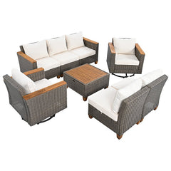 Bellemave® 8 - Piece Wicker Outdoor Patio Furniture Set with Thick Cushion, Swivel Rocking Chairs Set of 2 with Acacia Storage Table - Bellemave