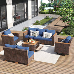 Bellemave® 8 - Piece Wicker Outdoor Patio Furniture Set with Thick Cushion, Swivel Rocking Chairs Set of 2 with Acacia Storage Table - Bellemave