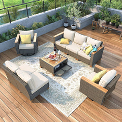 Bellemave® 8 - Piece Wicker Outdoor Patio Furniture Set with Thick Cushion, Swivel Rocking Chairs Set of 2 with Acacia Storage Table - Bellemave