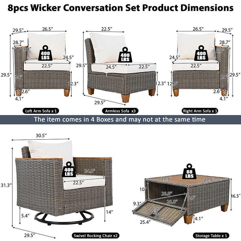 Bellemave® 8 - Piece Wicker Outdoor Patio Furniture Set with Thick Cushion, Swivel Rocking Chairs Set of 2 with Acacia Storage Table - Bellemave