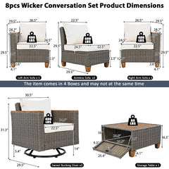 Bellemave® 8 - Piece Wicker Outdoor Patio Furniture Set with Thick Cushion, Swivel Rocking Chairs Set of 2 with Acacia Storage Table - Bellemave