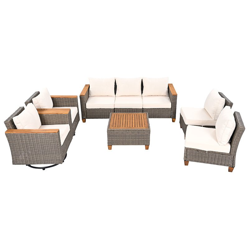 Bellemave® 8 - Piece Wicker Outdoor Patio Furniture Set with Thick Cushion, Swivel Rocking Chairs Set of 2 with Acacia Storage Table - Bellemave