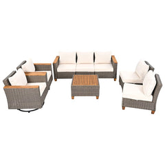 Bellemave® 8 - Piece Wicker Outdoor Patio Furniture Set with Thick Cushion, Swivel Rocking Chairs Set of 2 with Acacia Storage Table - Bellemave
