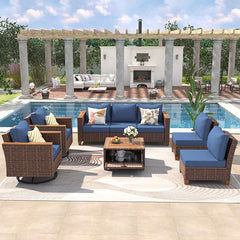 Bellemave® 8 - Piece Wicker Outdoor Patio Furniture Set with Thick Cushion, Swivel Rocking Chairs Set of 2 with Acacia Storage Table - Bellemave