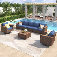 Bellemave® 8 - Piece Wicker Outdoor Patio Furniture Set with Thick Cushion, Swivel Rocking Chairs Set of 2 with Acacia Storage Table - Bellemave