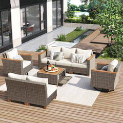 Bellemave® 8 - Piece Wicker Outdoor Patio Furniture Set with Thick Cushion, Swivel Rocking Chairs Set of 2 with Acacia Storage Table - Bellemave